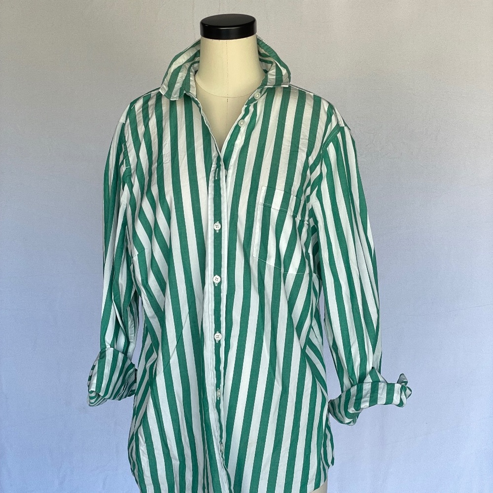 J. Crew Factory green stripe cotton button-up shirt; women’s